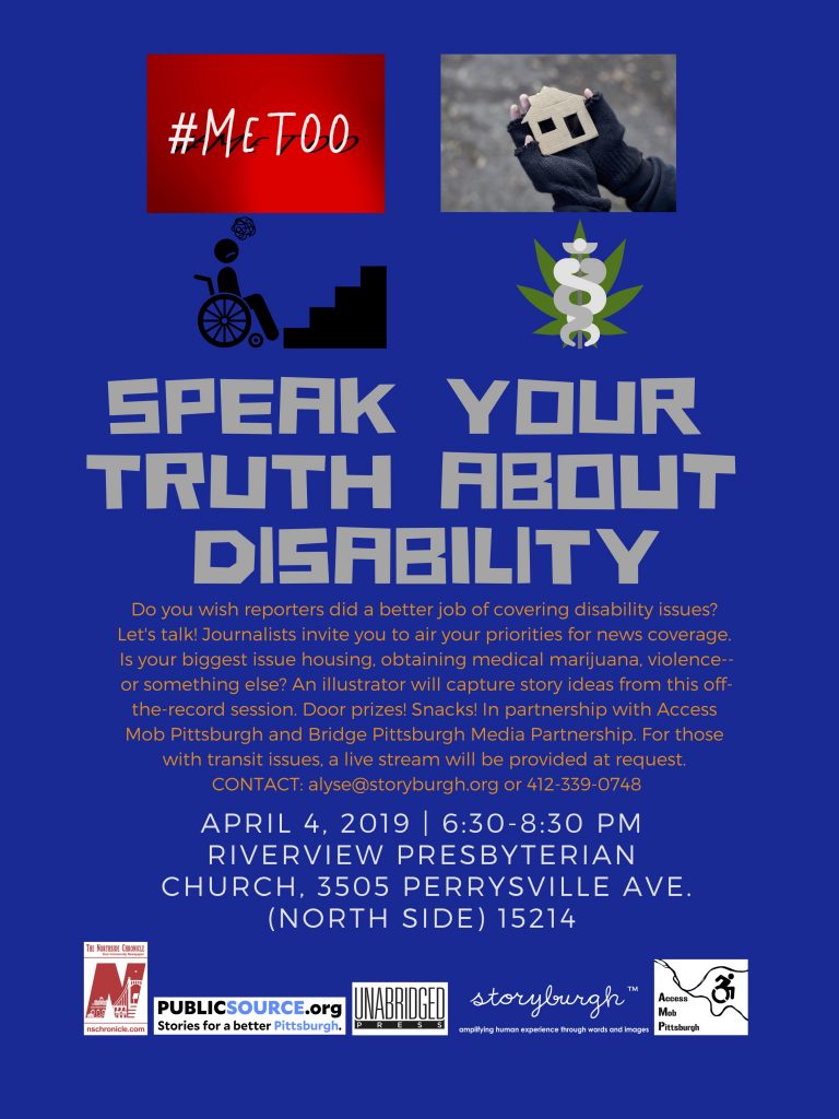 Blue and red flyer representing themes that may be of interest to people with disabilities...medical marijuana, violence, housing and access