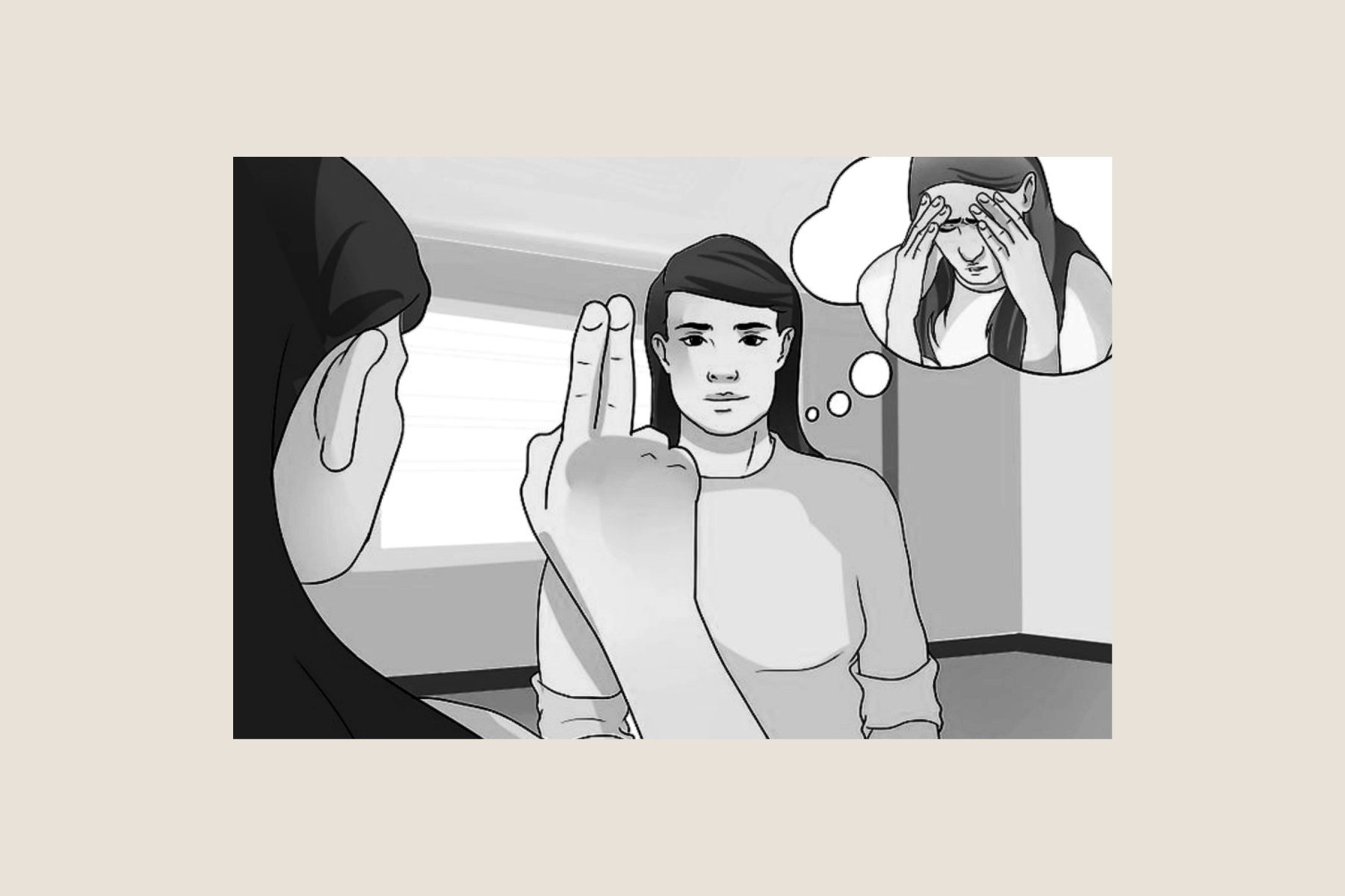 Drawing of a person stoically facing the viewer with a thought bubble of themself crying. In the foreground, facing the person another person holds up their hand with two fingers up.